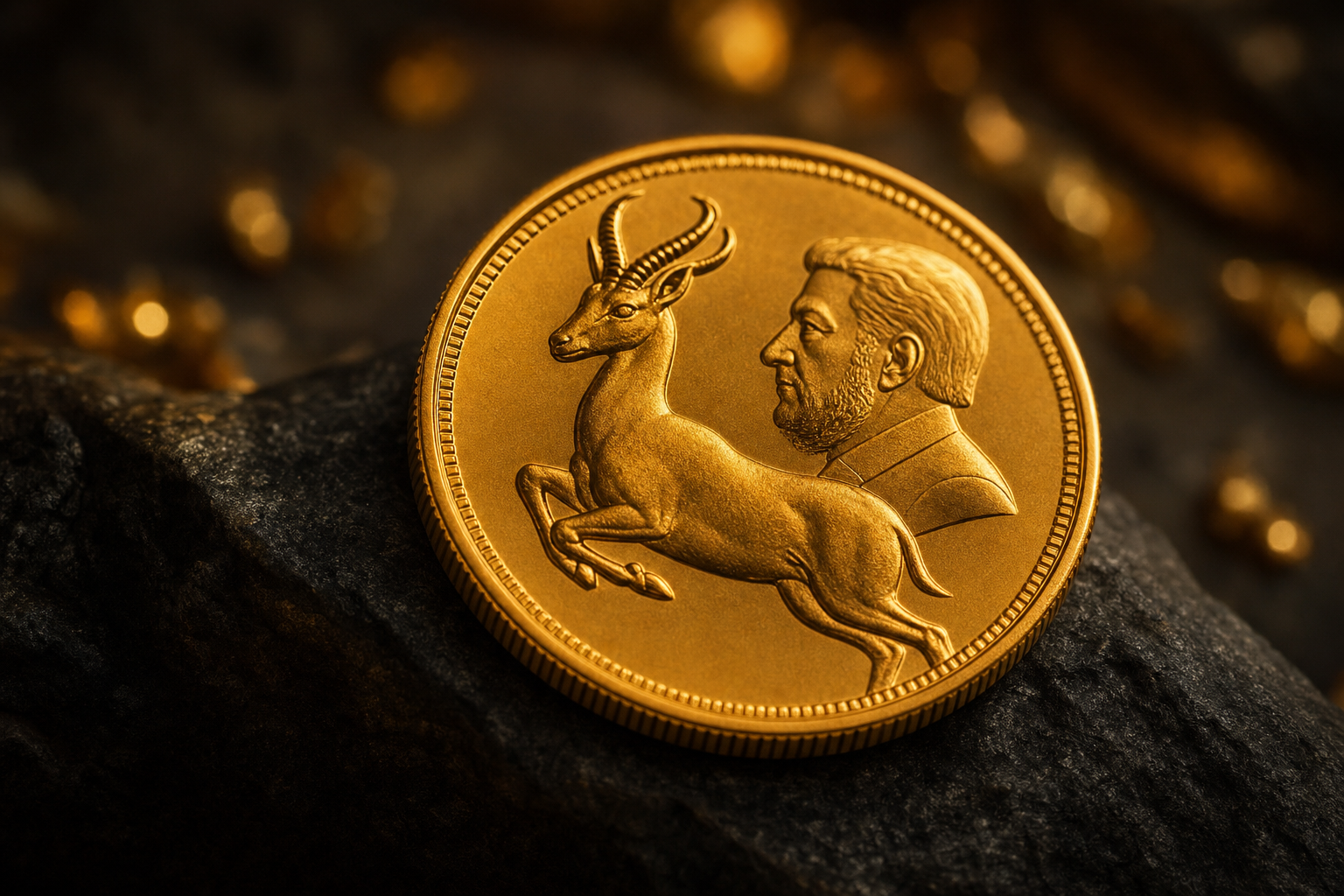 Cinematische Nahaufnahme einer 22-Karat-Krügerrand-Goldmünze mit rötlich-goldener Färbung auf dunklem Schiefer