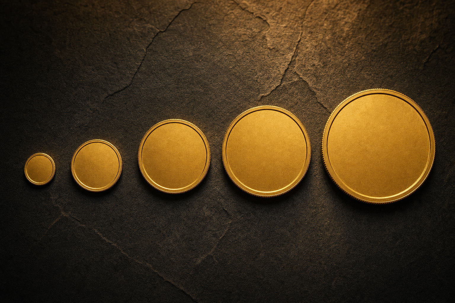Gold-Krügerrand in verschiedenen Stückelungen von 1/10 oz bis 1 oz im Größenvergleich