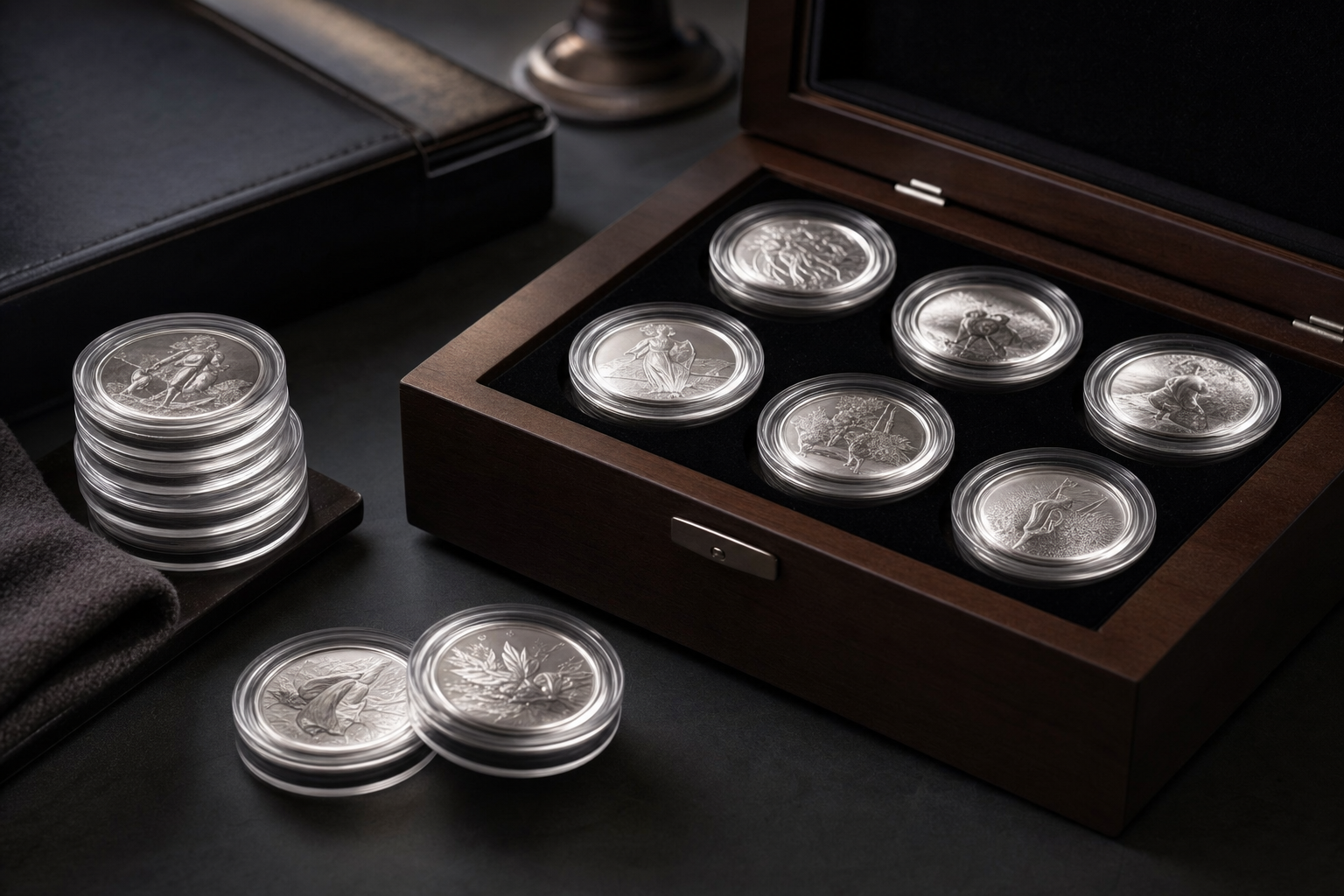 Platinmünzen in Schutzkapseln und Münzkassette auf dunklem Untergrund
