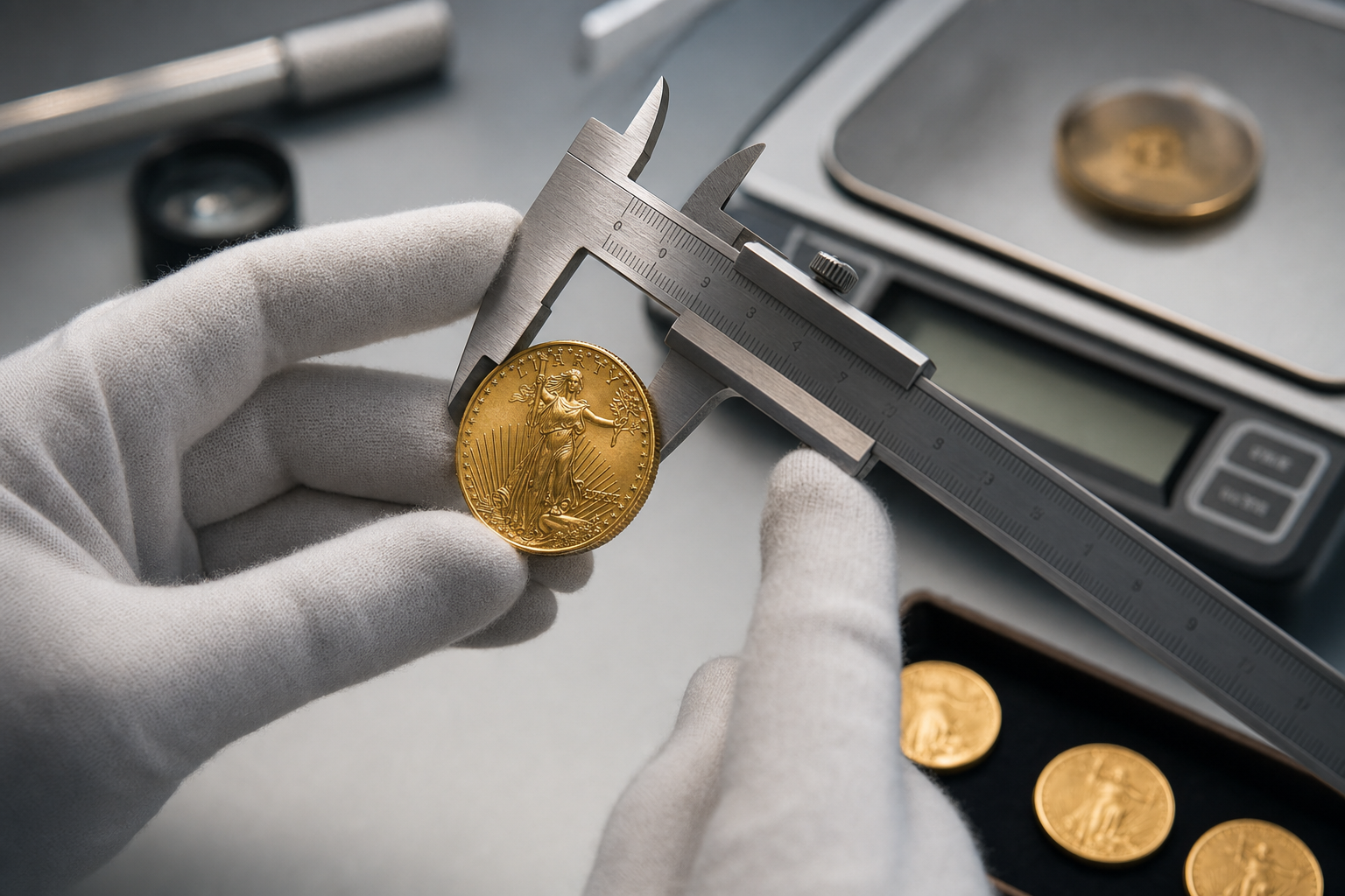Prüfung einer Goldmünze mit Messschieber und Feinwaage