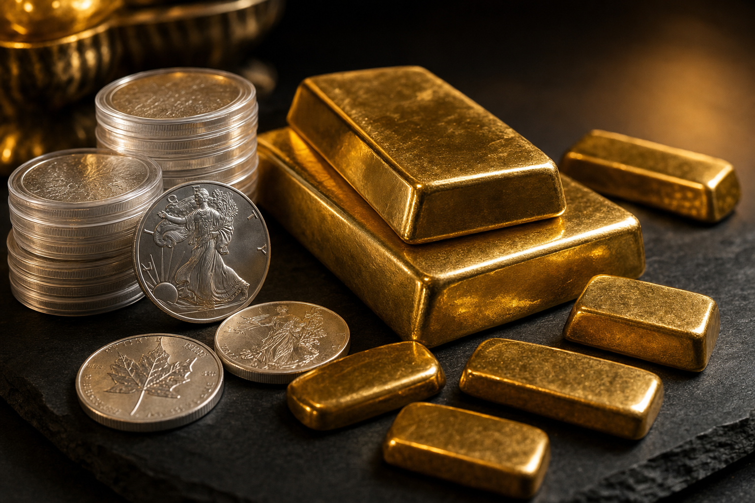 Goldbarren und Silbermünzen als sofort verfügbares Edelmetall-Sortiment