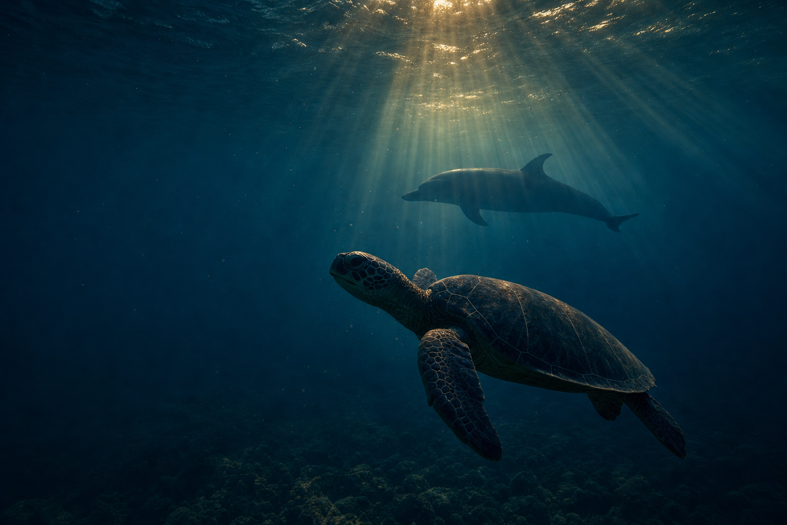Atmosphärische Unterwasseraufnahme mit Lichtstrahlen, Meeresschildkröte und Delfin im tiefblauen Ozean als Sinnbild der Ocean Five Serie