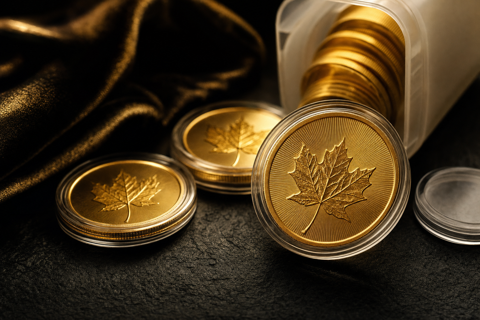Maple Leaf Goldmünzen mit Ahornblatt-Motiv in Münzkapseln auf dunklem Schiefer