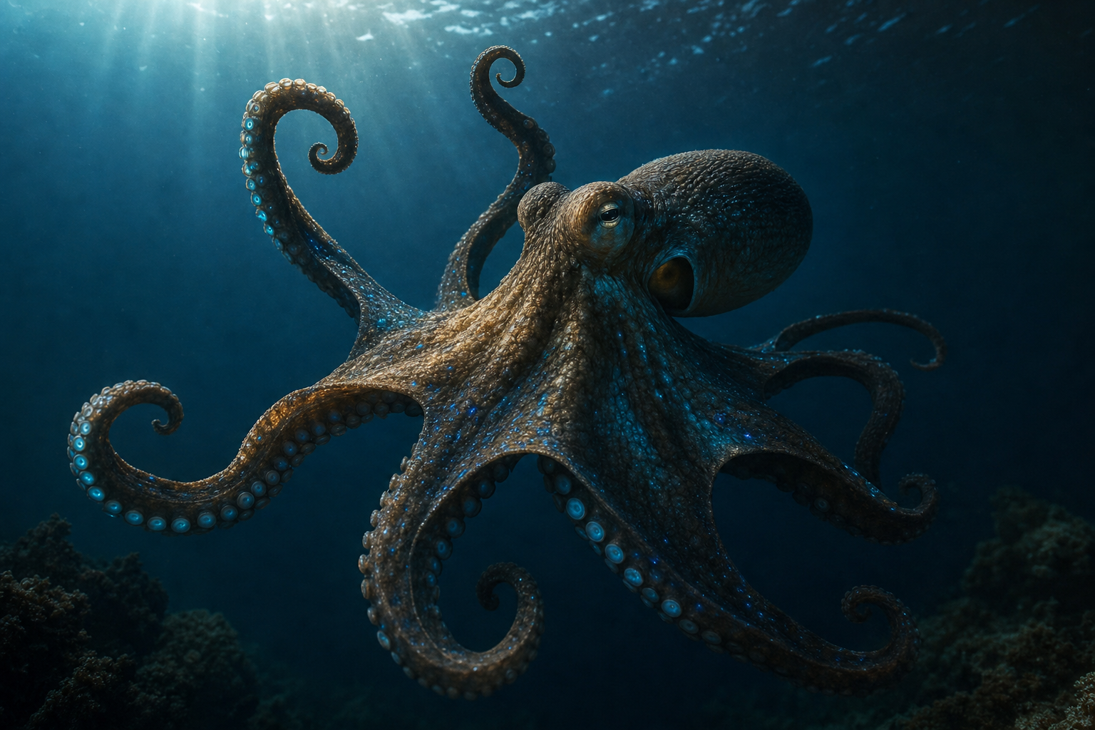 Ein Oktopus mit elegant geschwungenen Armen in der geheimnisvollen Tiefsee