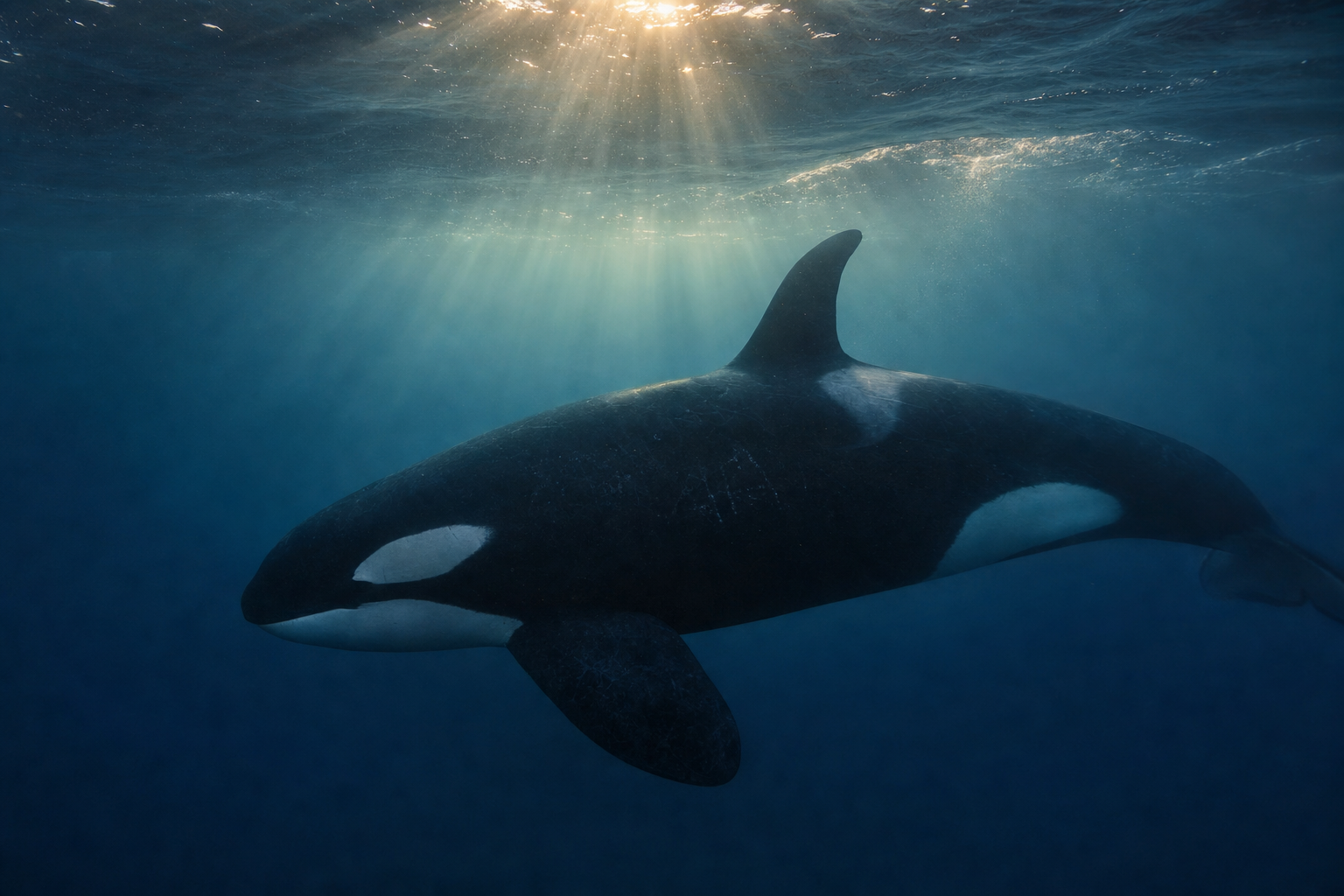 Ein Orca gleitet majestätisch durch das tiefblaue Meer