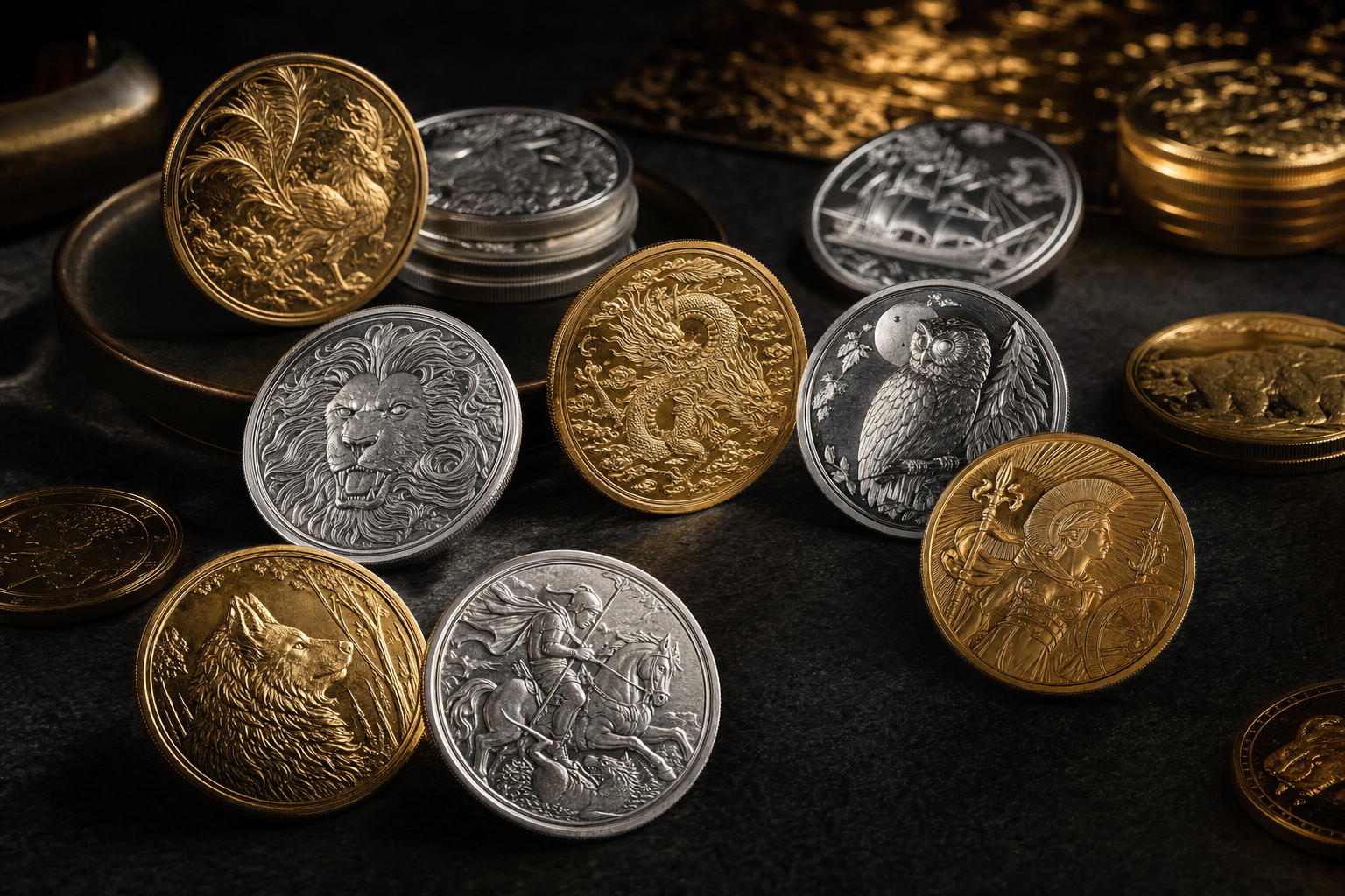 Thematisch sortierte Sammlung von Gold- und Silber-Motivmünzen mit verschiedenen Prägemotiven auf dunklem Untergrund