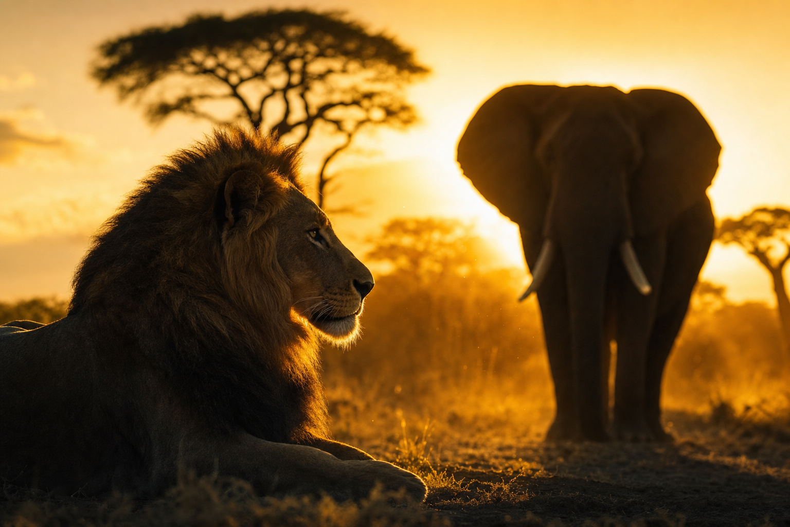 Löwe und Elefant in der afrikanischen Savanne im goldenen Abendlicht