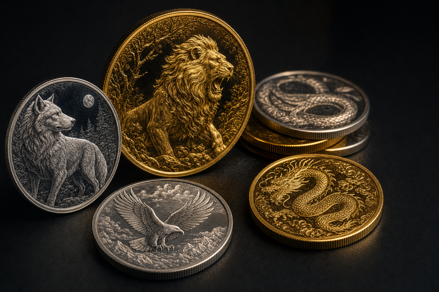 Sammlermünzen aus Gold und Silber mit fein geprägtem Tierrelief in Nahaufnahme