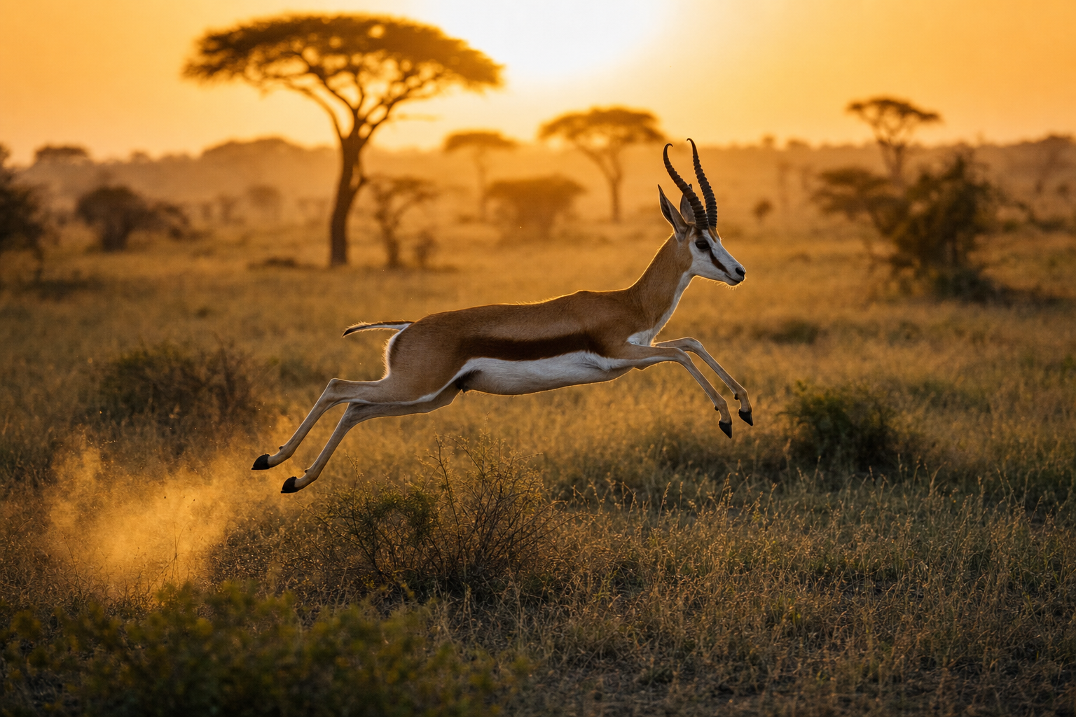 Springbock im Sprung durch die goldene afrikanische Savanne bei Sonnenaufgang