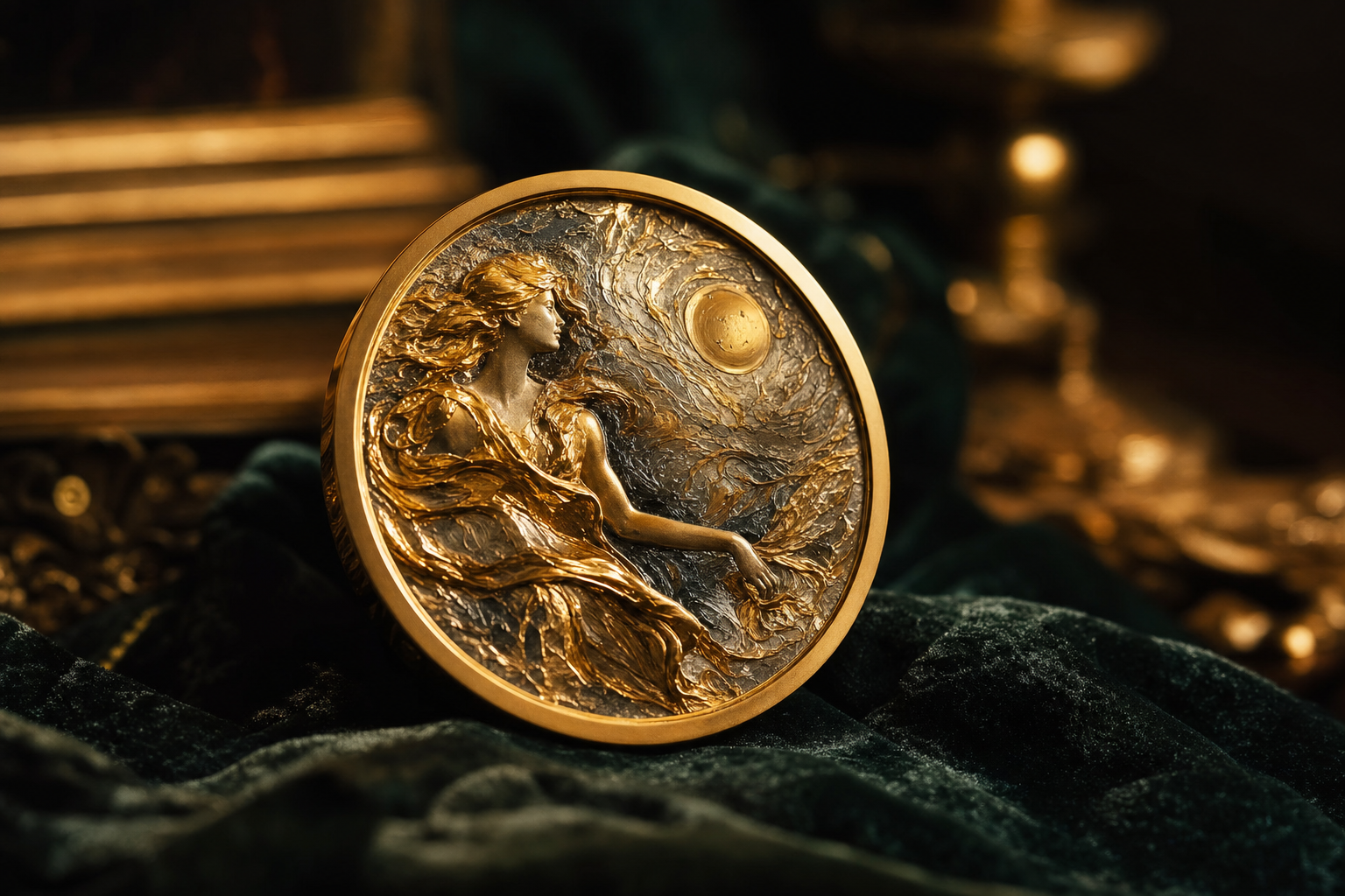 Veredelte Gold- und Silbermünze mit gemäldeartigem Reliefmotiv auf dunklem Samt
