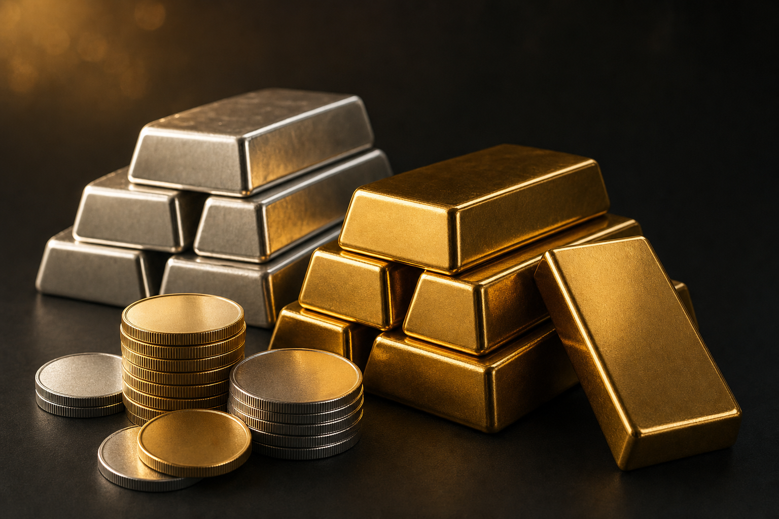 Gold- und Silberbarren sowie Anlagemünzen auf dunklem Untergrund