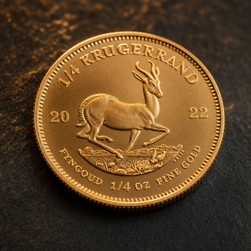 Krügerrand Goldmünze mit Springbock-Motiv und rötlich-goldenem Farbton in Makroaufnahme