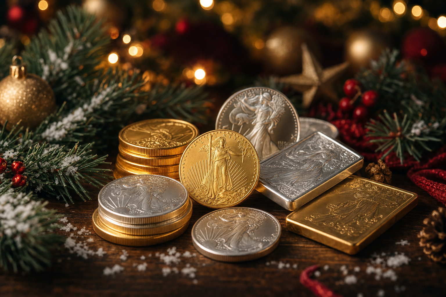 Festlich arrangierte Gold- und Silbermünzen sowie kleine Barren auf dunklem Holz mit weihnachtlicher Stimmung