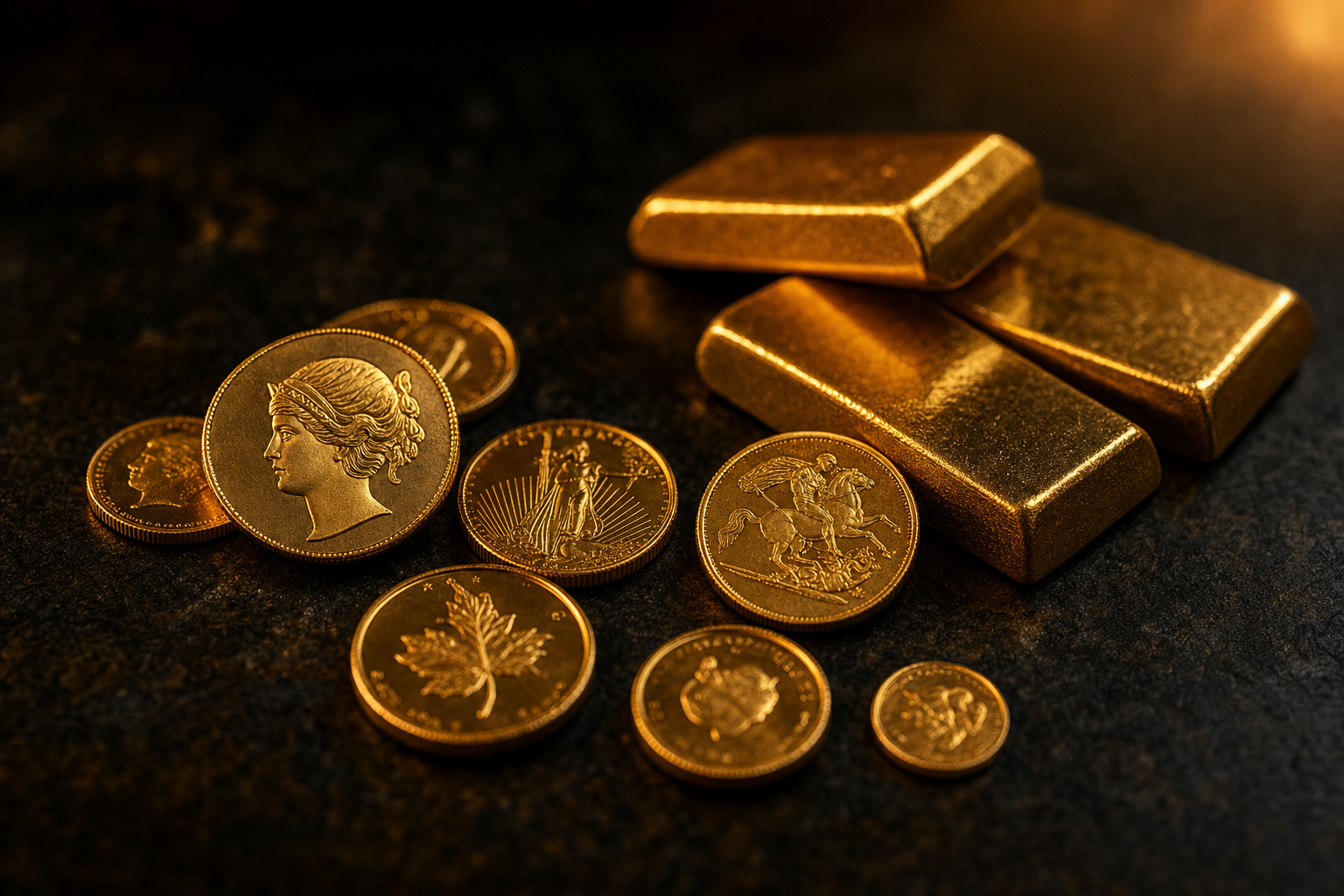 Kleine Anlagegoldmünzen und Gramm-Goldbarren auf dunklem Stein als flexible Krisenreserve