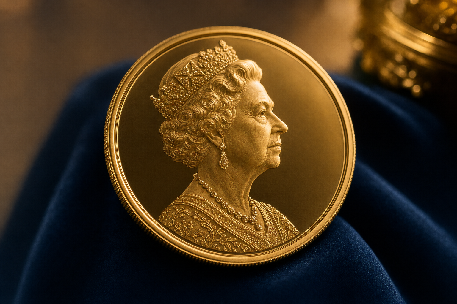 Goldmünze mit Profilporträt einer Königin mit Diadem auf blauem Samt