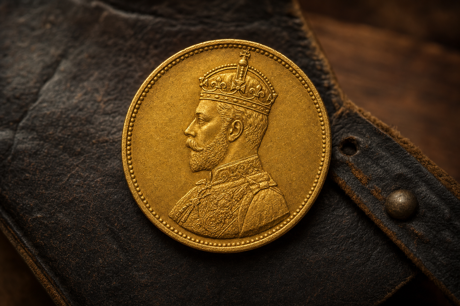 Antike Sovereign-Goldmünze mit dem Profil eines bärtigen Königs mit Krone auf altem Leder