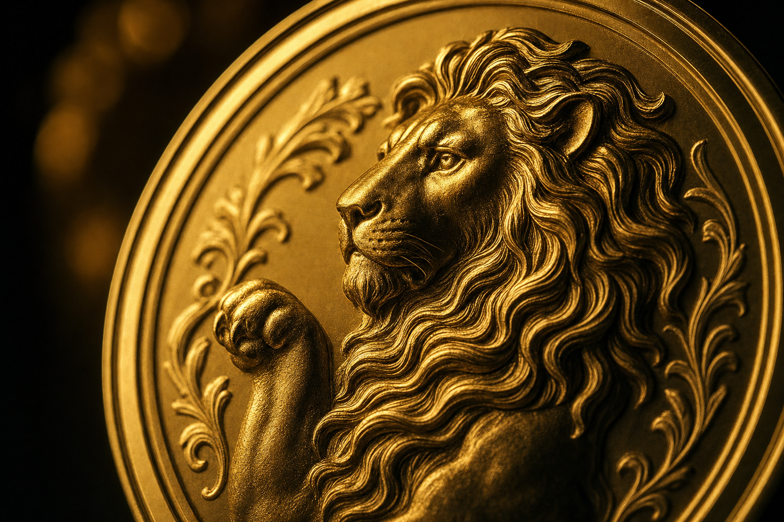 Heraldischer Löwe als Reliefprägung auf einer polierten Goldmünze in warmen Goldtönen