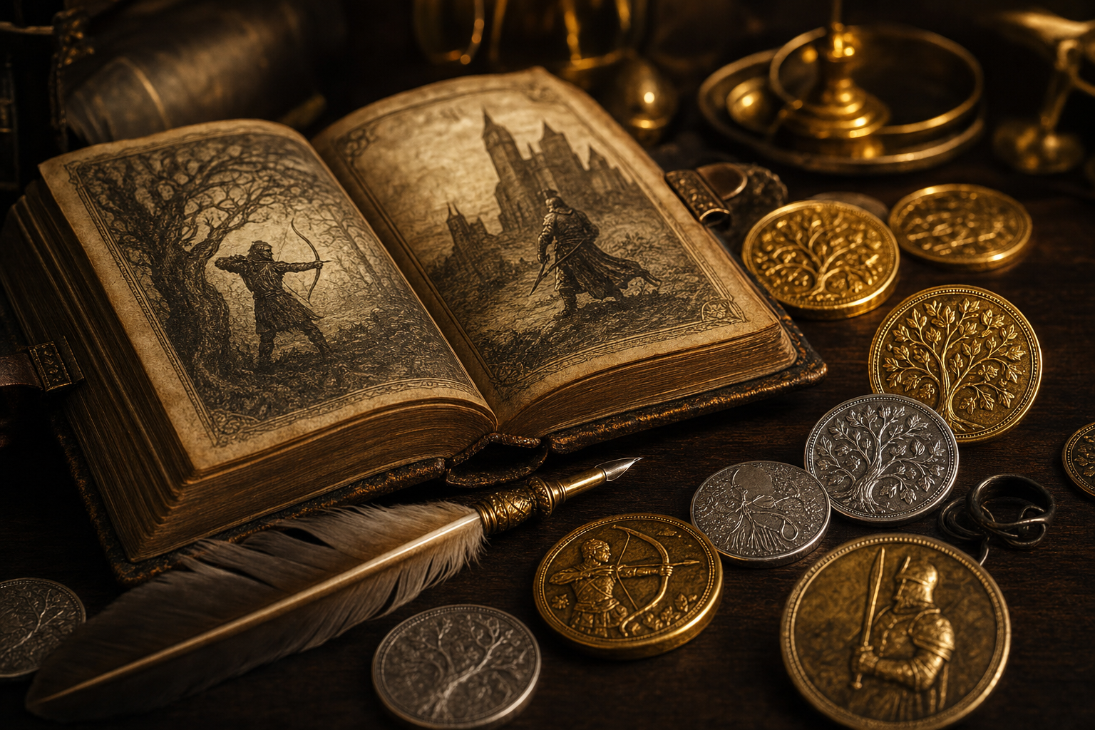 Aufgeschlagenes Lederbuch mit Federkiel und Silber- sowie Goldmünzen mit Legenden-Motiven auf dunklem Holz