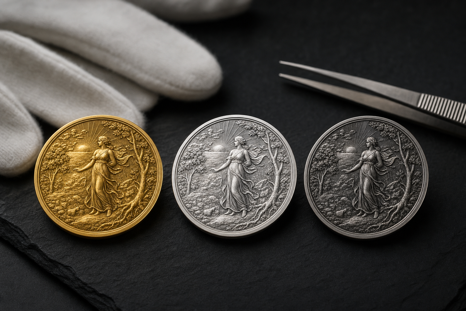 Drei Sammlermünzen in Gold, Silber und Platin mit Antik-Finish-Relief neben Pinzette und Handschuhen auf dunklem Hintergrund