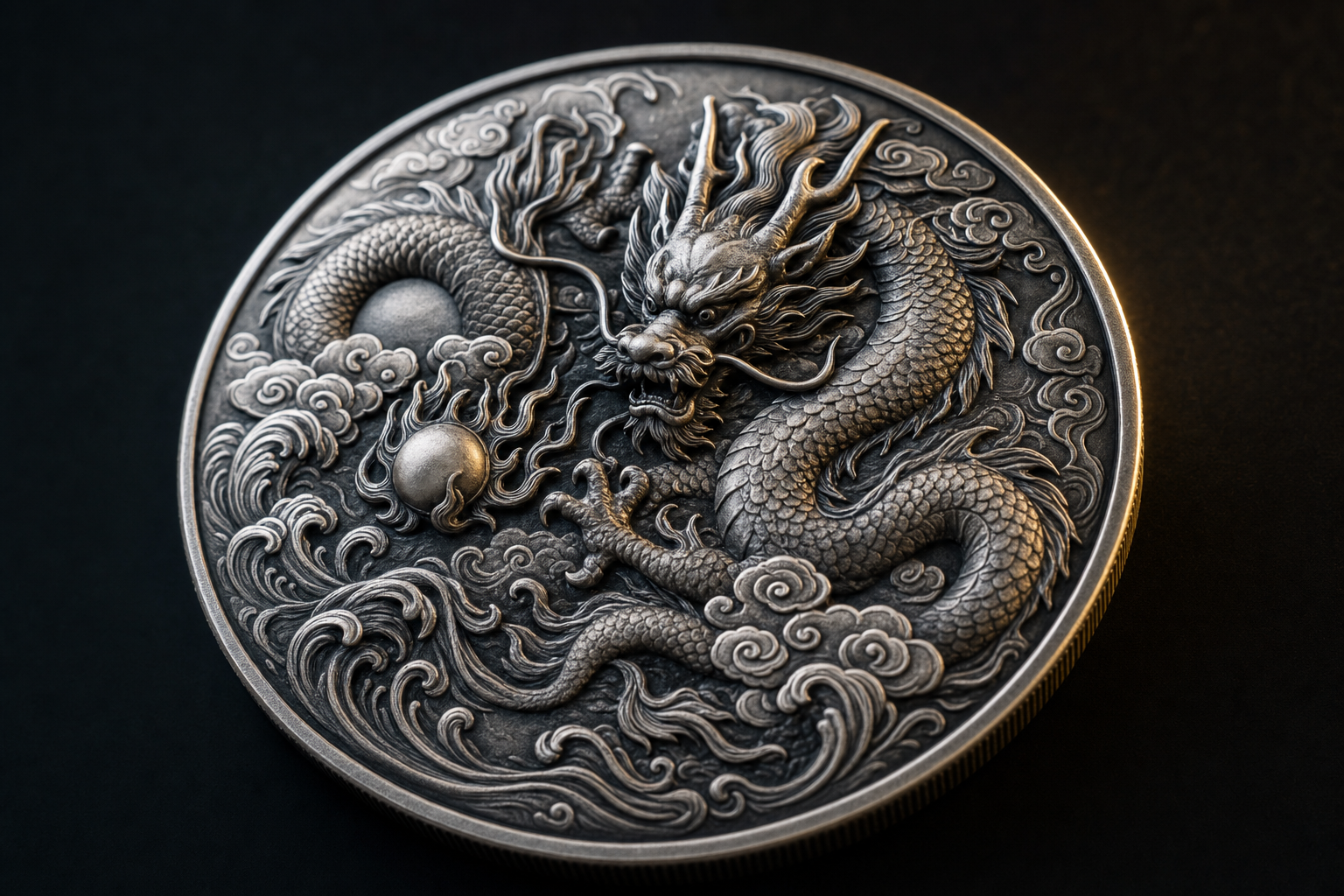 Silbermünze mit ostasiatischem Drachen zwischen Wolken und Wellen im Antik-Finish
