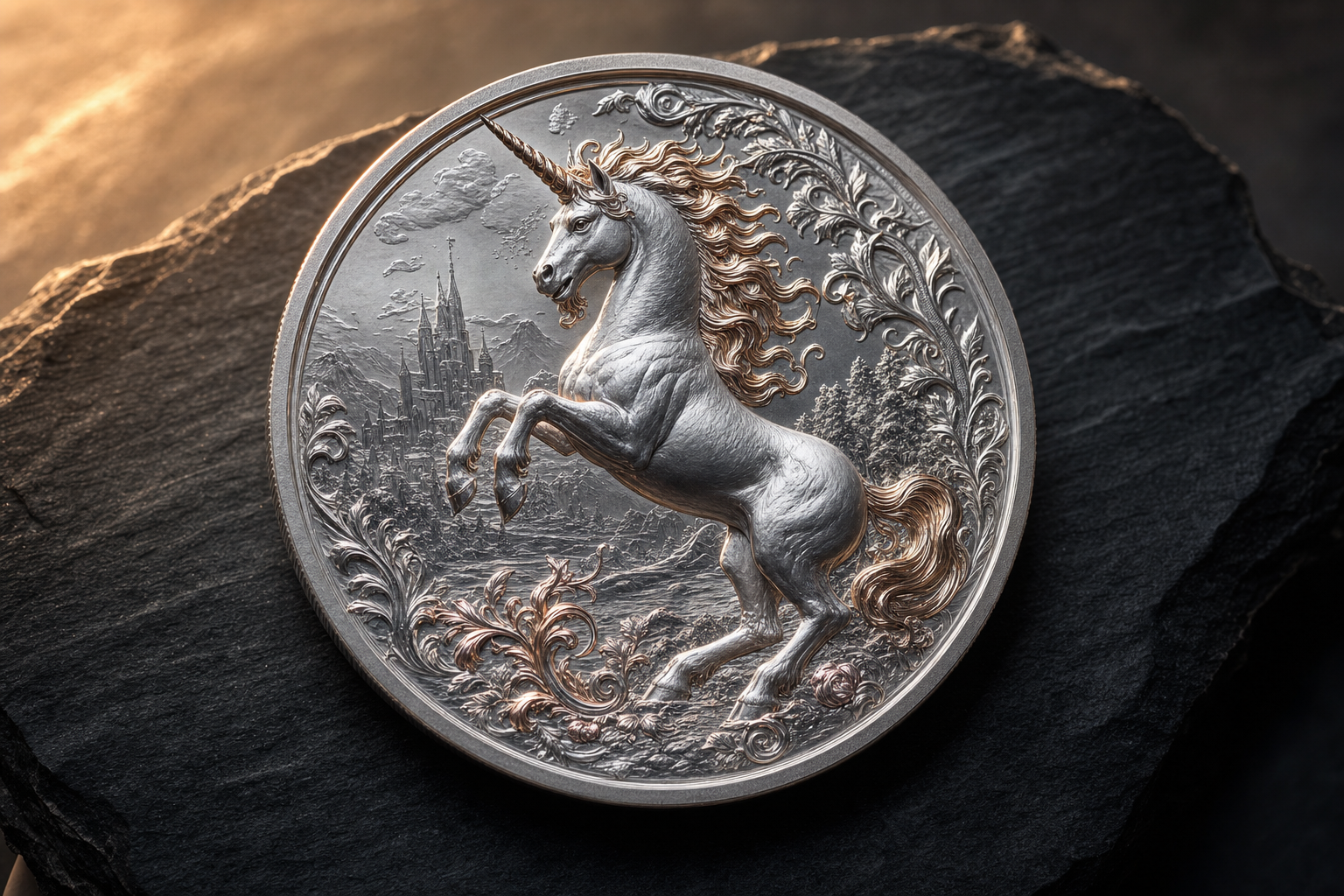 Einhorn-Silbermuenze in High Relief mit rosevergoldeten Akzenten auf dunklem Schiefer