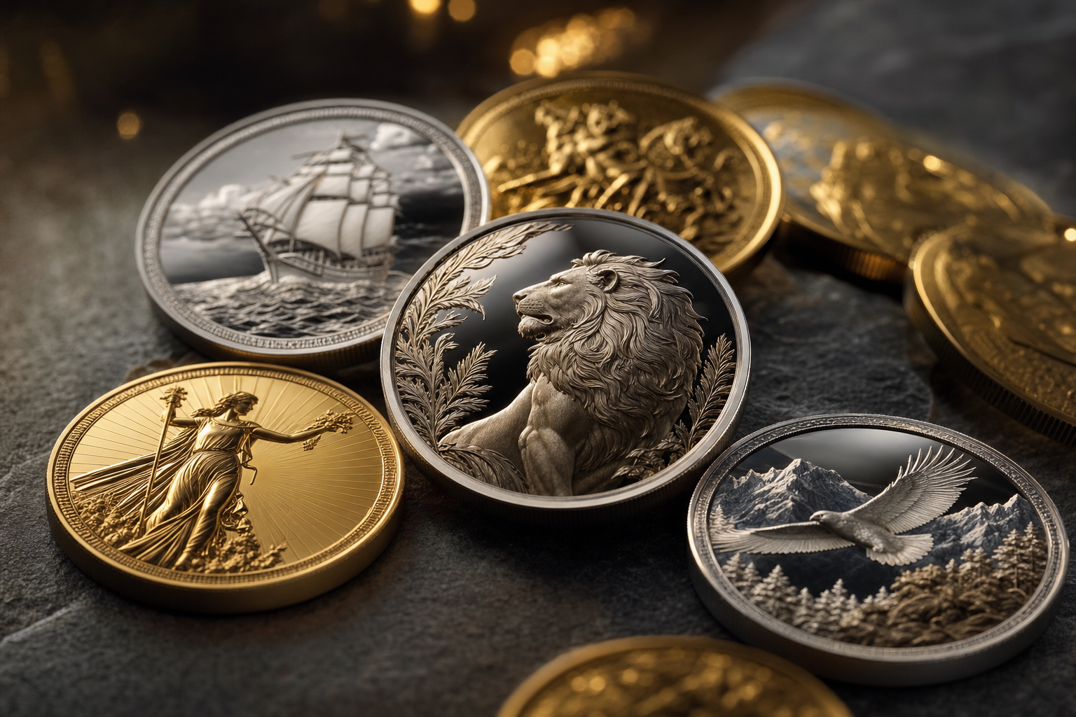 Gedenkmünzen in Gold und Silber in Polierter Platte auf dunklem Untergrund