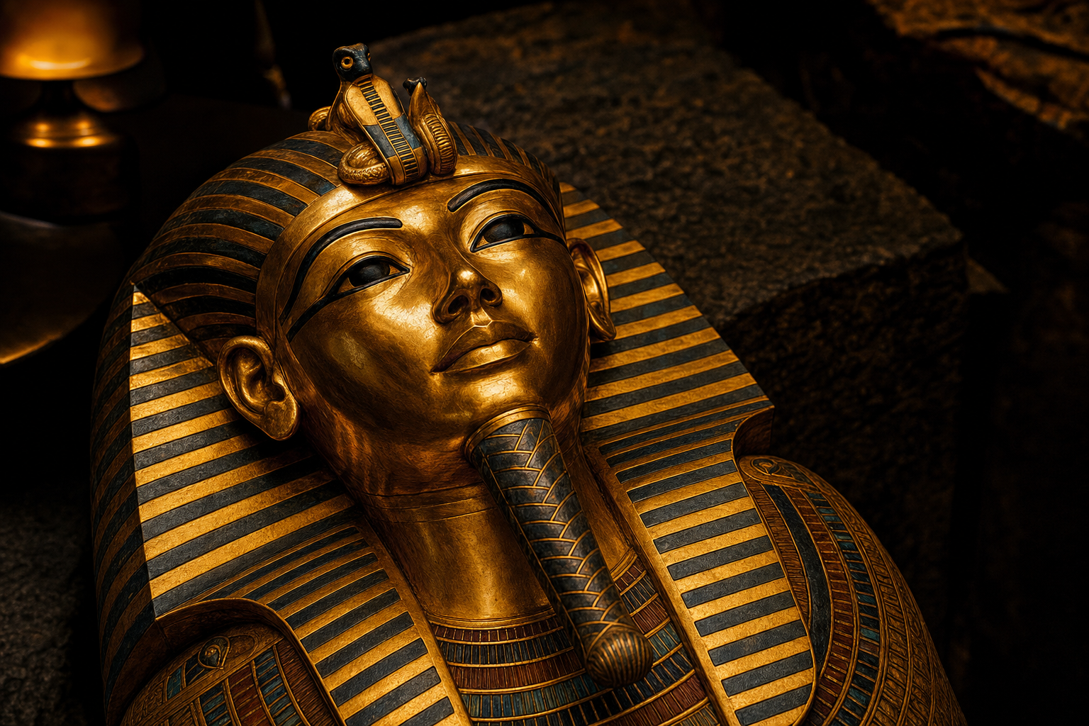 Goldene Totenmaske eines ägyptischen Pharaos mit Hieroglyphen