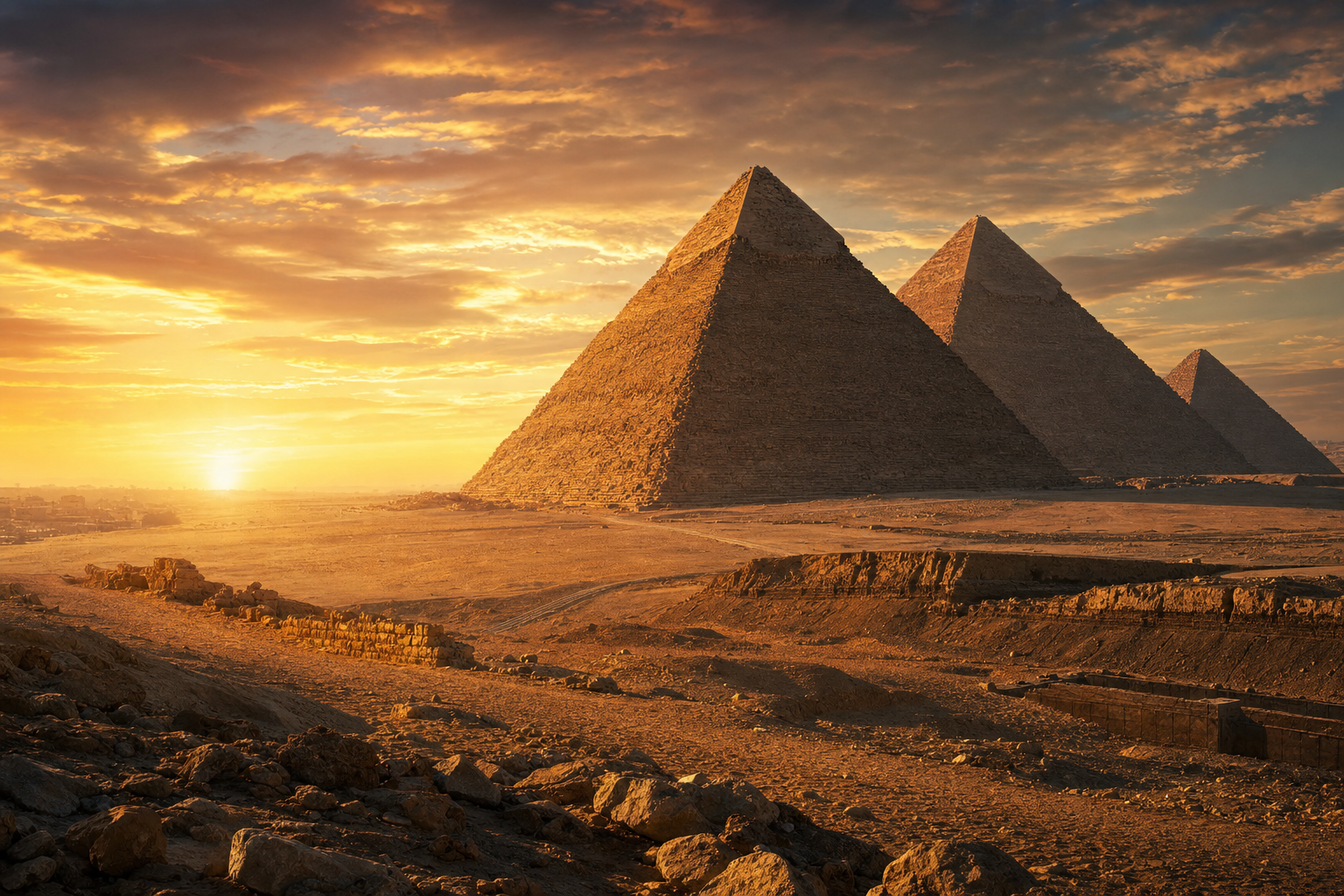 Pyramiden von Gizeh im goldenen Abendlicht