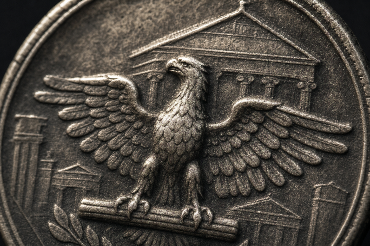 Detailaufnahme einer Silbermünze mit Antik-Finish-Oberfläche, römischer Legionsadler und Tempelarchitektur