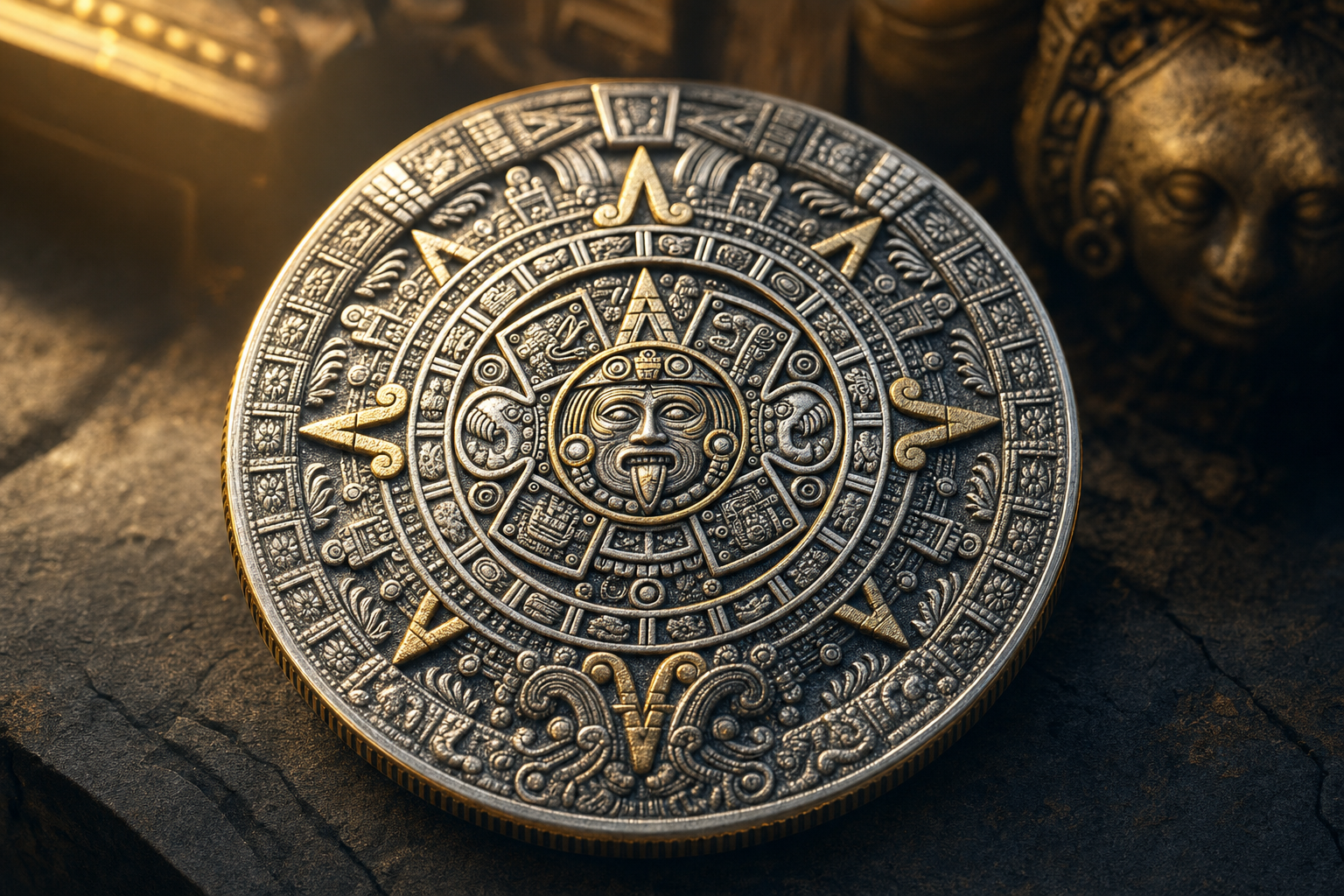 Teilvergoldete Silbermünze mit dem Aztekenkalender im Hochrelief auf dunklem Stein