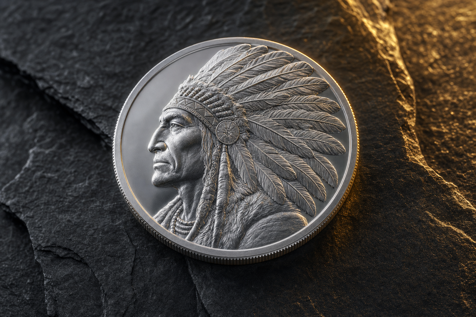 Silbermünze mit Native-American-Häuptling und Federhaube im Hochrelief auf dunklem Schiefer