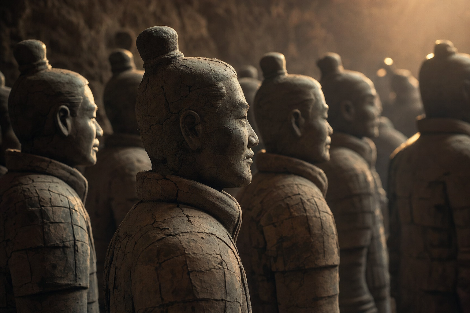 Tonkrieger im Stil der chinesischen Terrakotta-Armee in warmem Licht