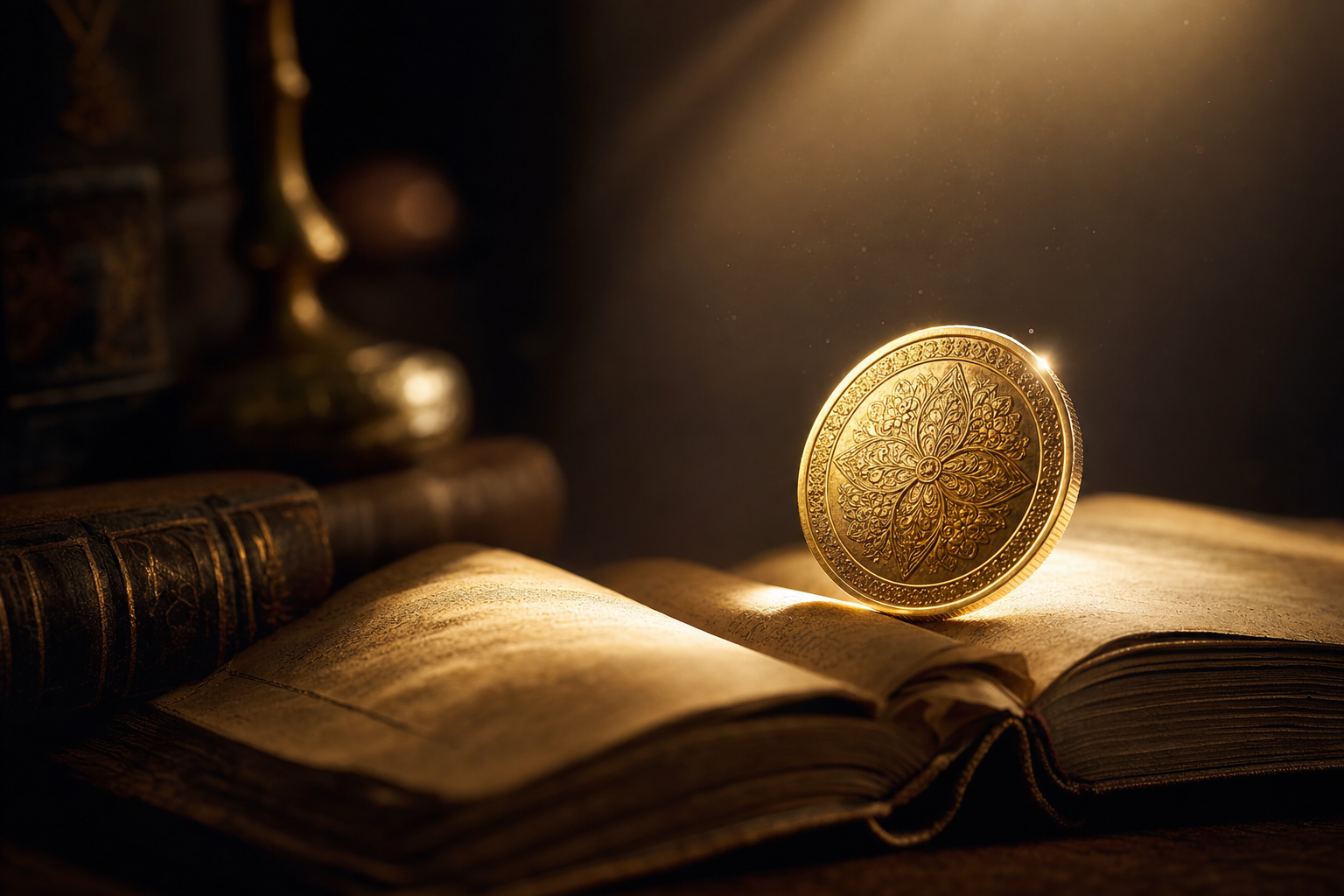 Goldmünze auf den aufgeschlagenen Seiten eines antiken ledergebundenen Buches