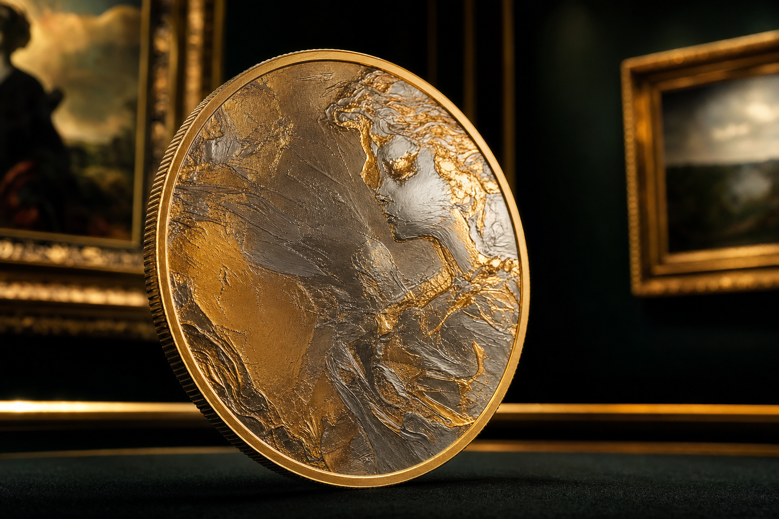 Gold- und Silber-Kunstmünze mit malerischem Relief auf dunkler Fläche im Galerie-Ambiente
