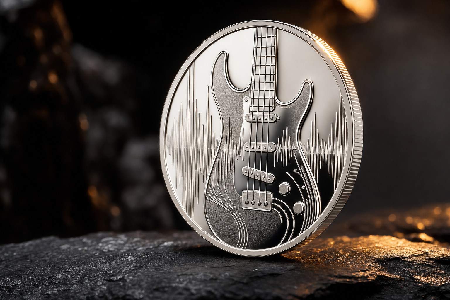 Polierte Silber-Sammlermünze mit abstraktem Gitarren- und Schallwellen-Relief auf dunklem Schiefer im warmen Goldlicht