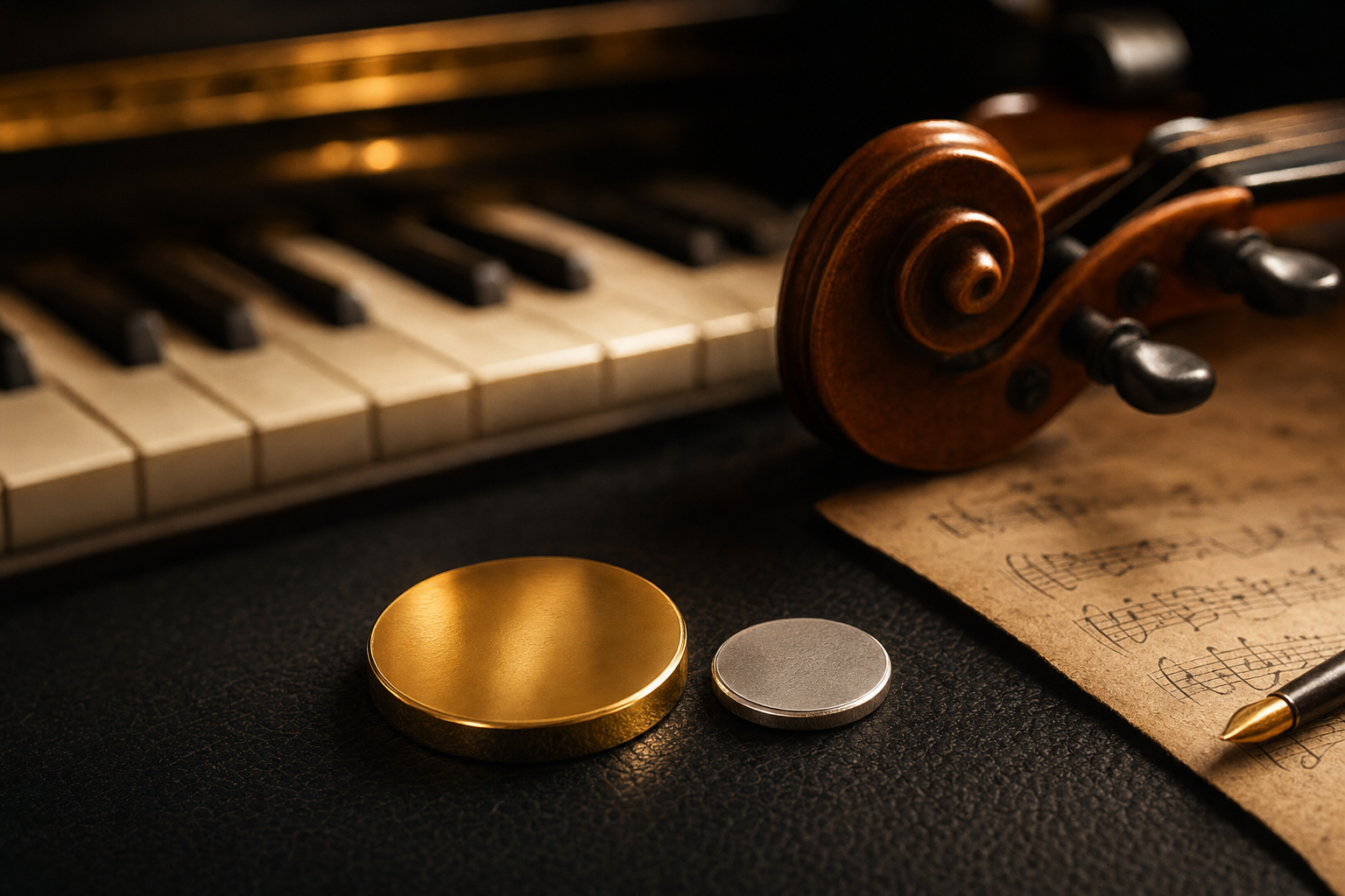 Gold- und Silbermünze auf dunklem Untergrund neben Notenblatt, Geigenschnecke und Klaviertasten