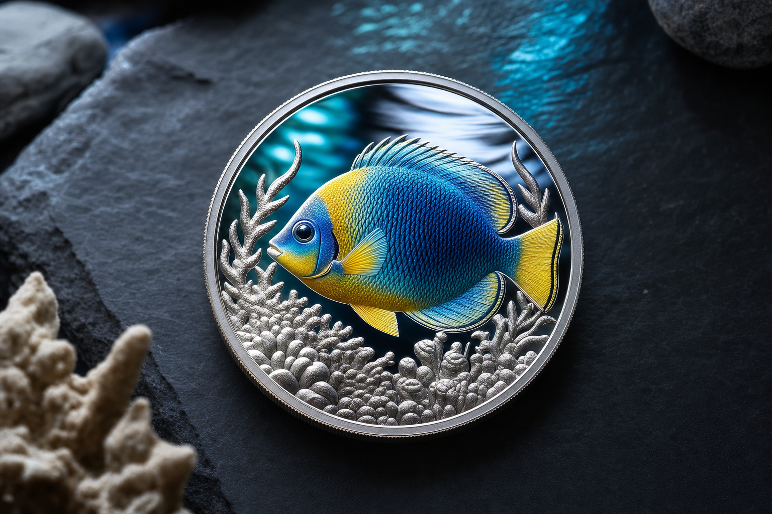 Colorierte Silber-Sammlermünze mit tropischem Riff-Fisch-Motiv auf dunklem Schiefer