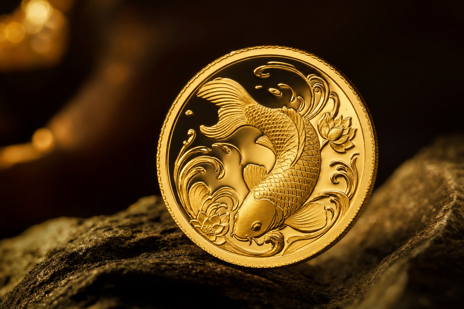 Goldmünze mit graviertem Koi-Karpfen-Motiv auf warmem dunklem Hintergrund