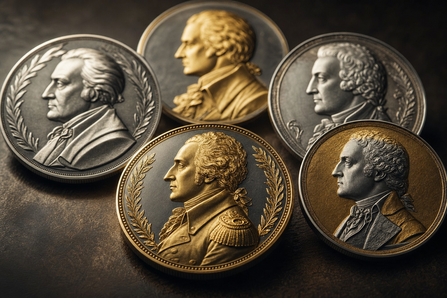 Sammlermünzen mit klassischen Porträt-Profilen von Staatsmännern in Gold und Silber auf dunklem Untergrund