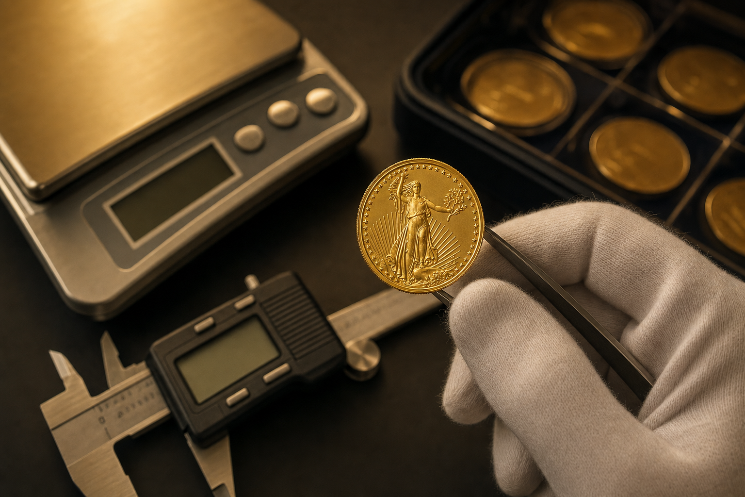 Behandschuhte Hand greift eine Goldmünze mit Pinzette, daneben digitale Schieblehre und Feinwaage