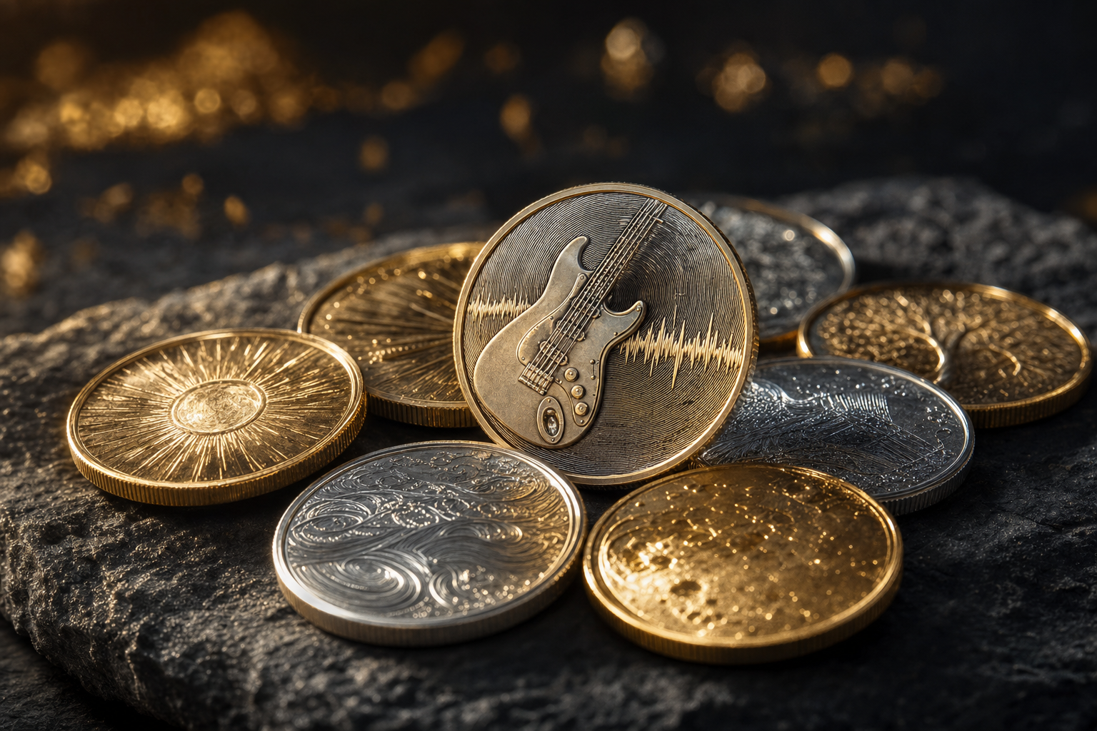 Sammlermünzen aus Gold und Silber mit angedeutetem Gitarren- und Schallwellen-Relief auf dunklem Schiefer