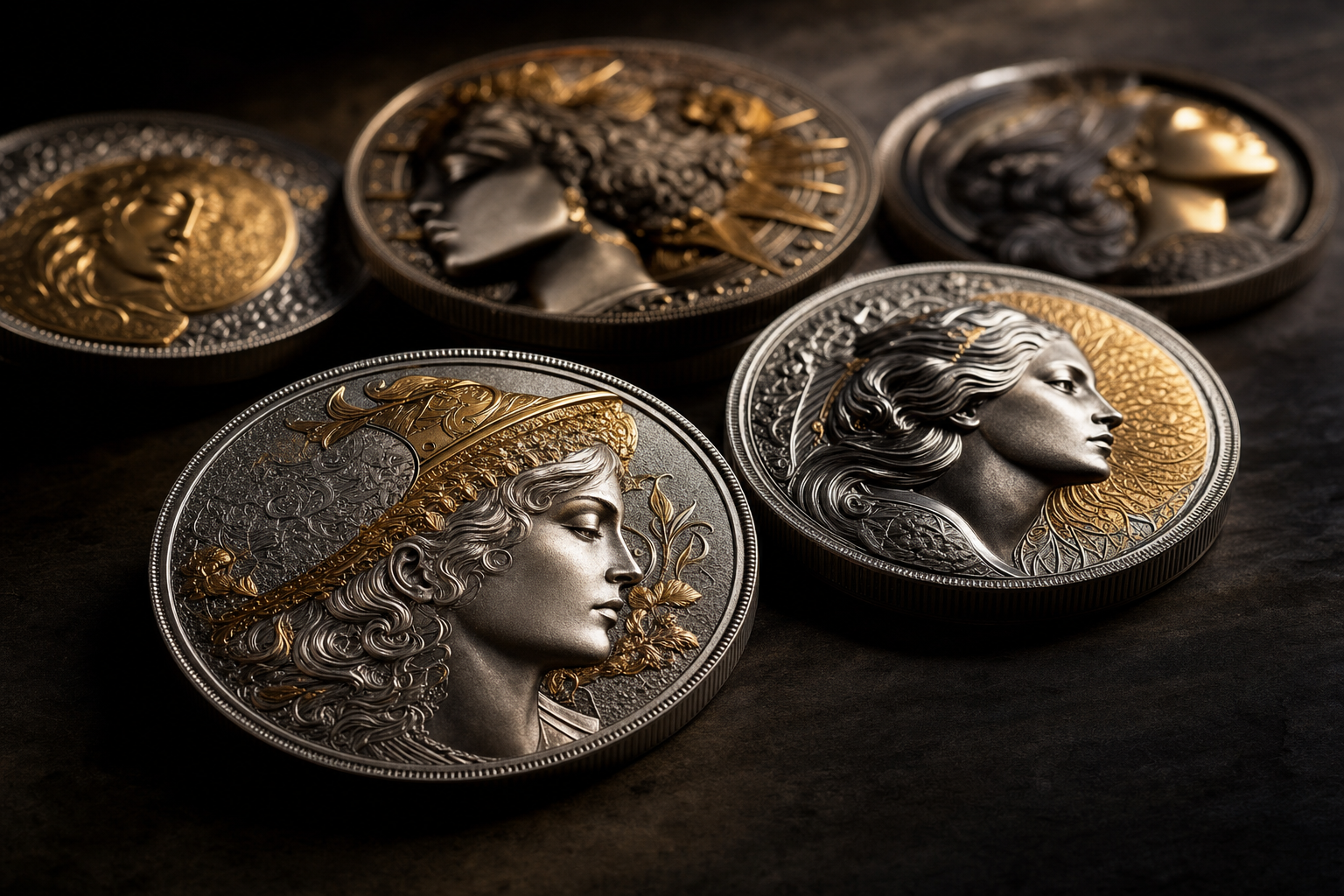Limitierte Sammlermünzen aus Silber mit Teilvergoldung und Porträtreliefs