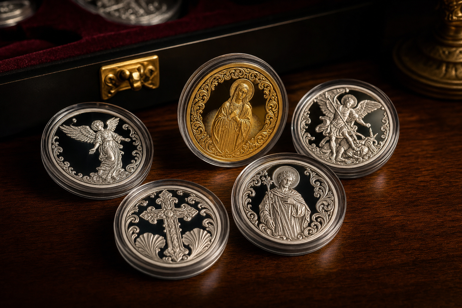 Christliche Sammlermünzen aus Gold und Silber in Schutzkapseln auf dunklem Holz