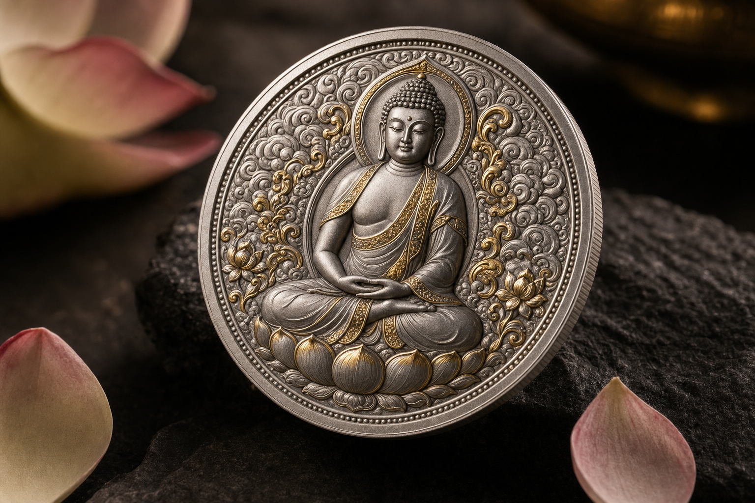 Veredelte Silbermünze mit meditierendem Buddha in High Relief und teilvergoldeten Akzenten auf dunklem Schiefer