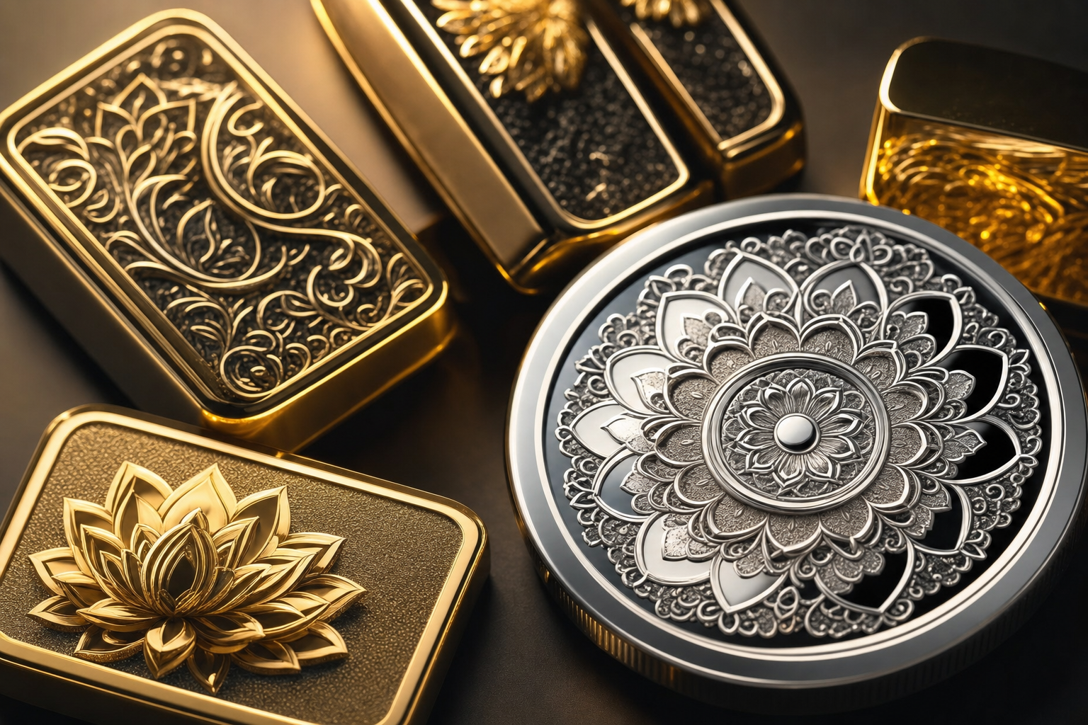 Veredelte Edelmetalle mit Polierter Platte, Ruthenium-Kontrast und Vergoldung sowie Mandala-Relief