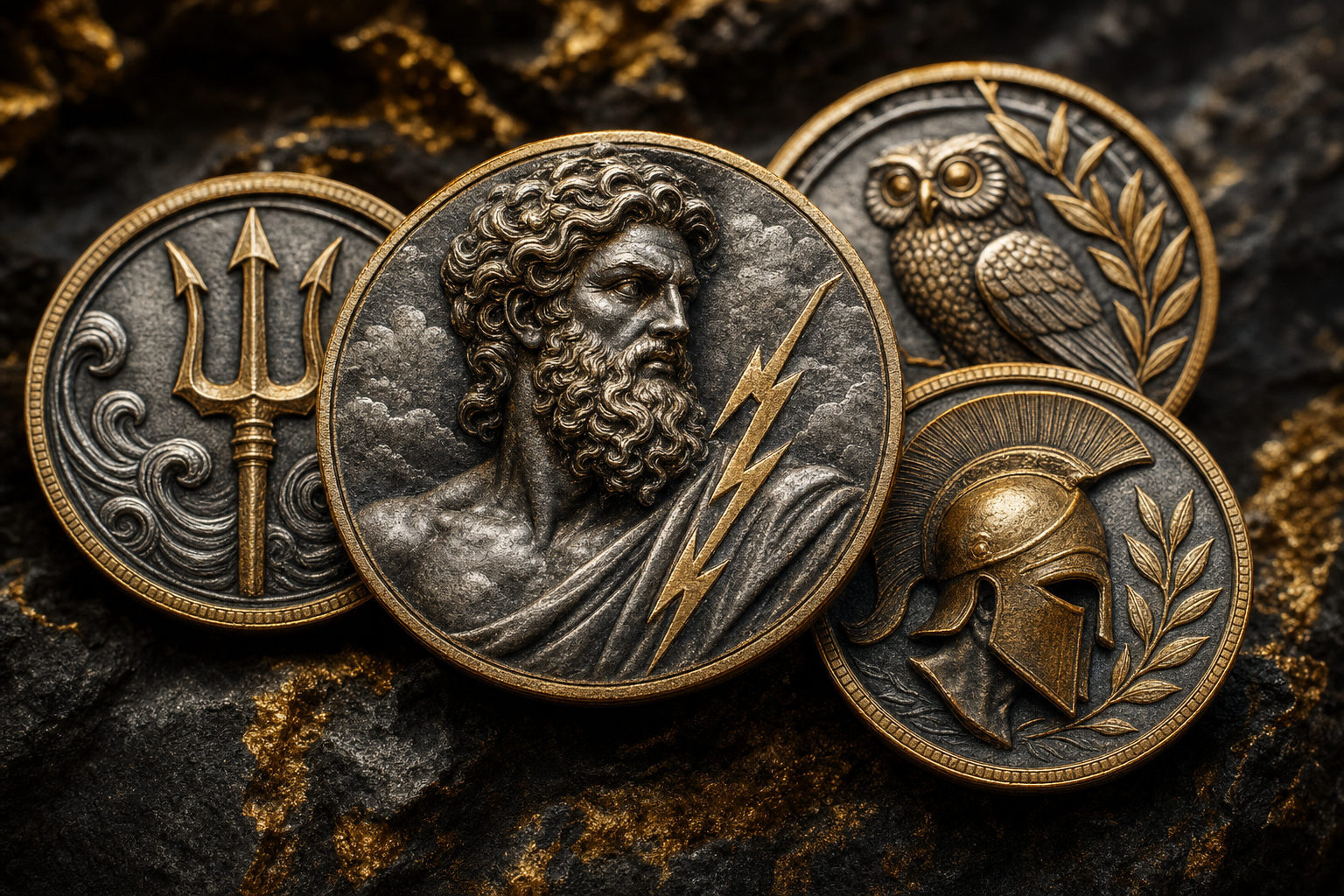 Griechisch-mythologische Silber- und Goldmünzen mit Reliefmotiven wie Blitz, Dreizack und Eule auf dunklem Stein
