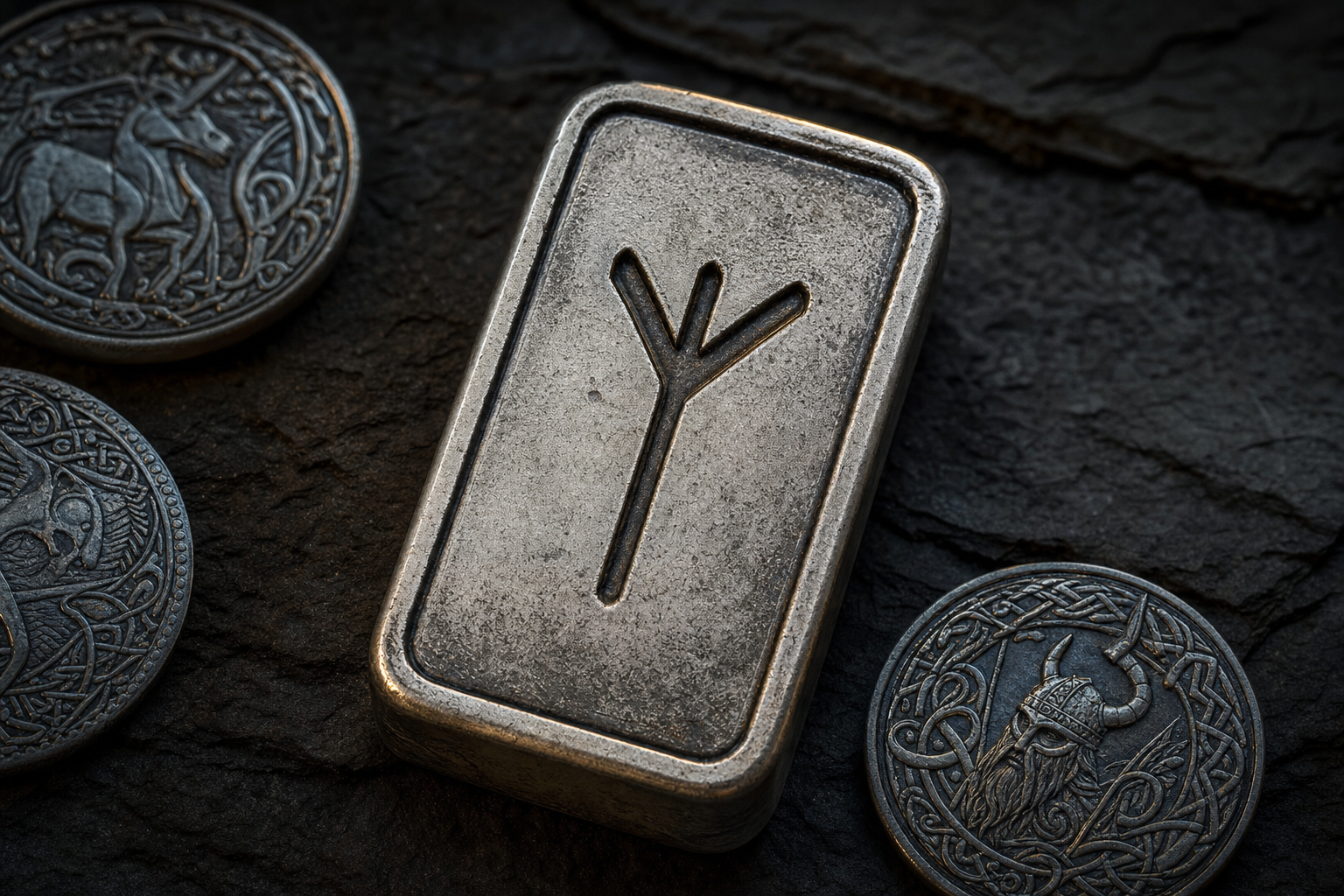 1-oz-Silberbarren mit Antik Finish und eingraviertem Runensymbol, daneben nordische Motivmünzen