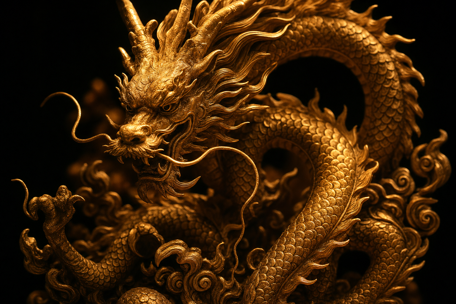 Kunstvolle chinesische Drachenfigur mit warmem Goldlicht auf schwarzem Grund als Sinnbild des Drachenjahres