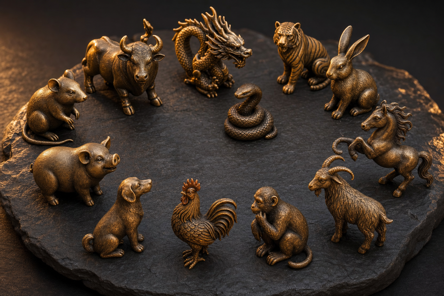 Die zwölf chinesischen Tierkreiszeichen Ratte, Ochse, Tiger, Hase, Drache, Schlange, Pferd, Ziege, Affe, Hahn, Hund und Schwein im Kreis angeordnet
