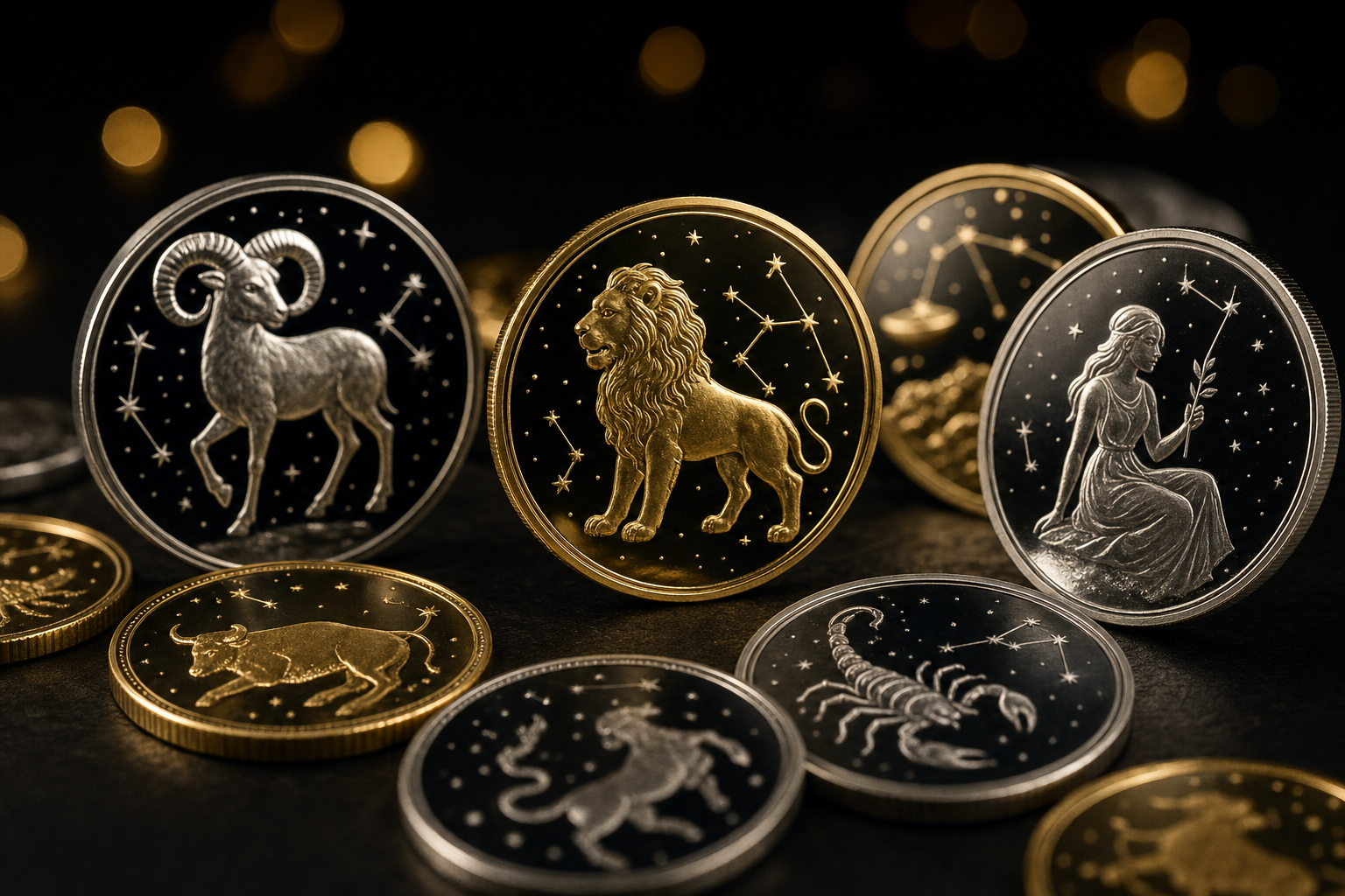 Sternzeichen-Sammlermünzen aus Gold und Silber mit Tierkreissymbolen in Polierter-Platte-Optik